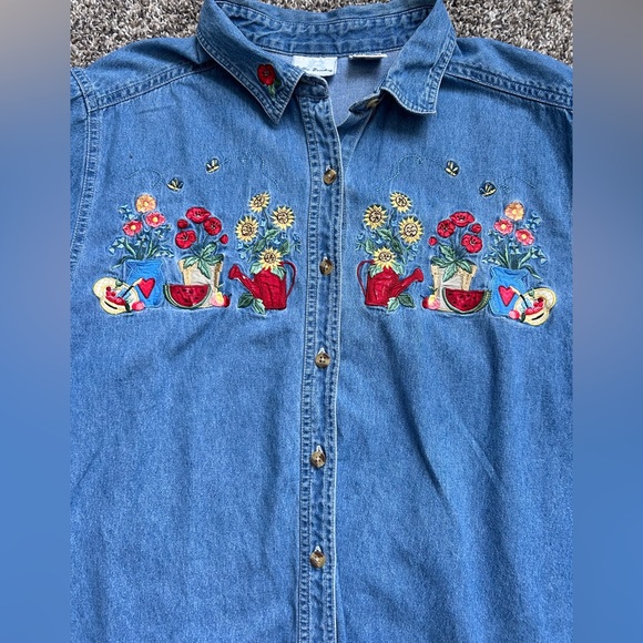 Bobbie Brooks Vintage Novelty Garden Themed Denim Button up shirt XL - Picture 2 of 9